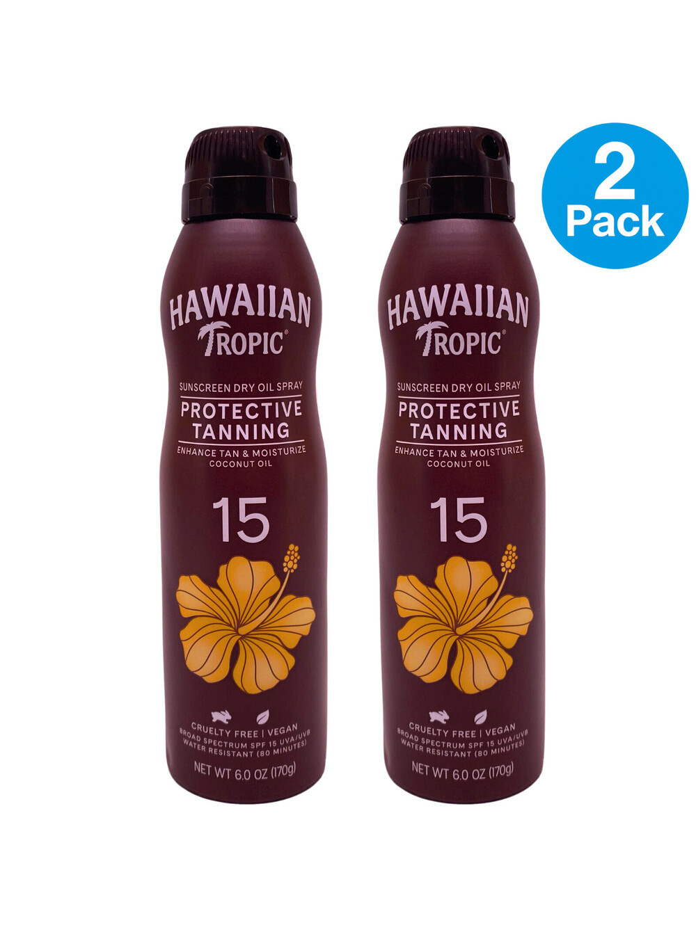 Hawaiian Tropic Protective Tanning Sunscreen Dry Oil Spray SPF 15 6 oz 2 Pack